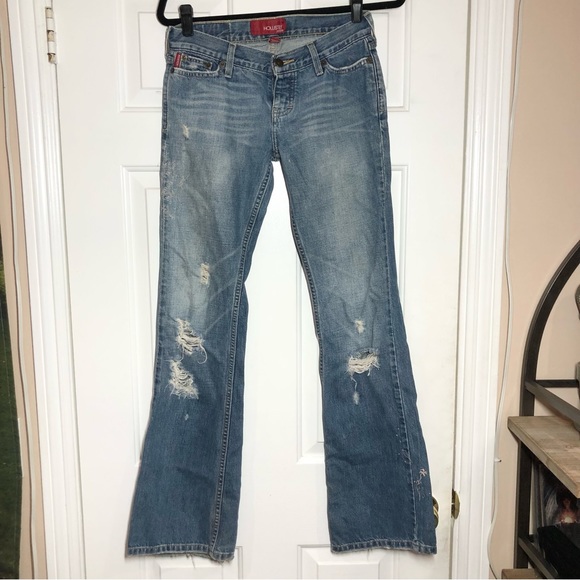 Hollister Denim - Hollister Y2K Low Rise Distressed Embroidered Beaded Medium wash Flare Jeans